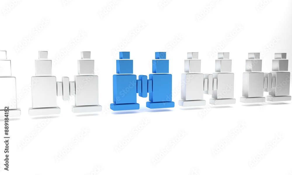 Blue Binoculars icon isolated on white background. Find software sign. Spy equipment symbol. Minimalism concept. 3D render illustration Blue Binoculars icon isolated on white background. Find software sign. Spy equipment symbol. Minimalism concept. 3D render illustration