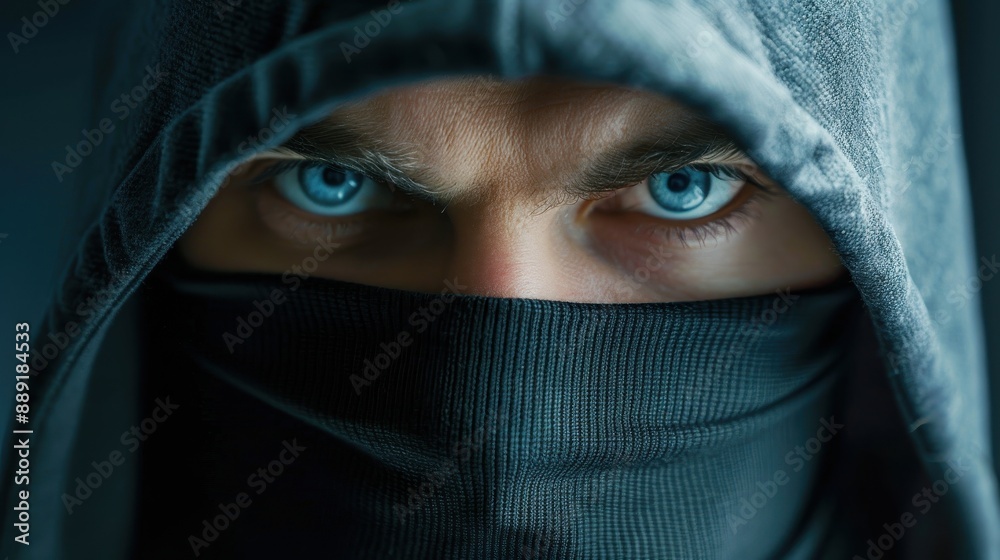 Close-up of a hooded man with intense blue eyes, conveying mystery and intrigue in a dark, enigmatic setting. Close-up of a hooded man with intense blue eyes, conveying mystery and intrigue in a dark, enigmatic setting.