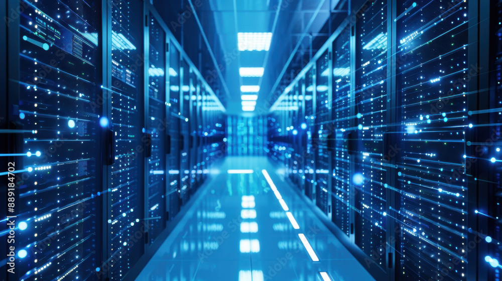 Modern data center with illuminated server racks and glowing fiber optic lines Modern data center with illuminated server racks and glowing fiber optic lines