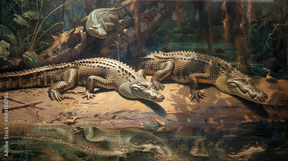 Crocodiles sunbathing on a riverbank