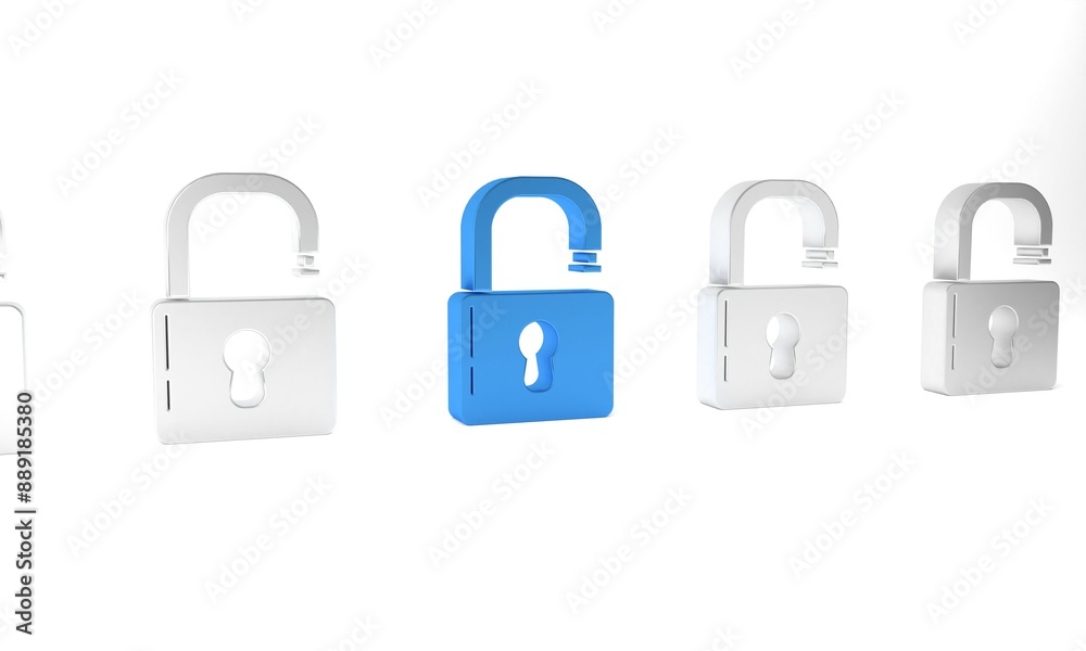Blue Open padlock icon isolated on white background. Opened lock sign. Cyber security concept. Digital data protection. Safety safety. Minimalism concept. 3D render illustration Blue Open padlock icon isolated on white background. Opened lock sign. Cyber security concept. Digital data protection. Safety safety. Minimalism concept. 3D render illustration