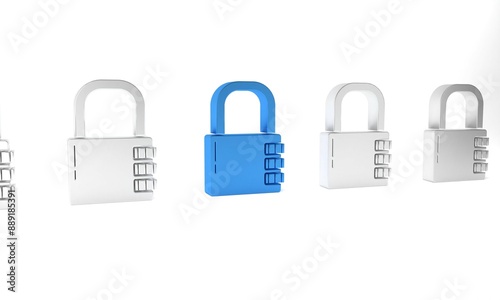 Blue Safe combination lock icon isolated on white background. Combination padlock. Security, safety, protection, password, privacy. Minimalism concept. 3D render illustration