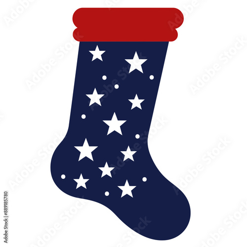 A red, white, and blue Christmas stocking with white stars on a navy blue background