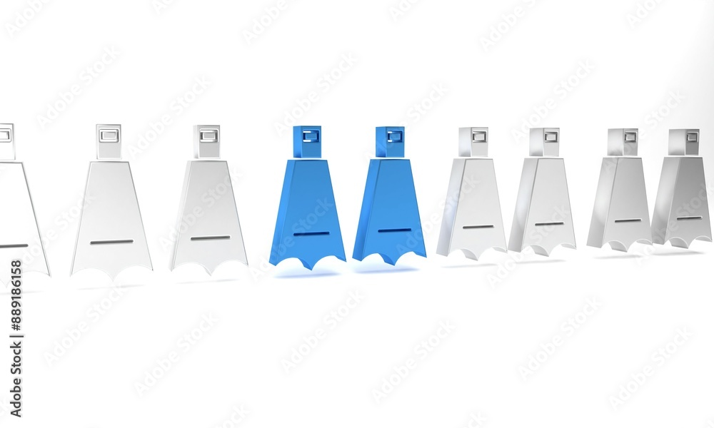 Blue Rubber flippers for swimming icon isolated on white background. Diving equipment. Extreme sport. Diving underwater equipment. Minimalism concept. 3D render illustration