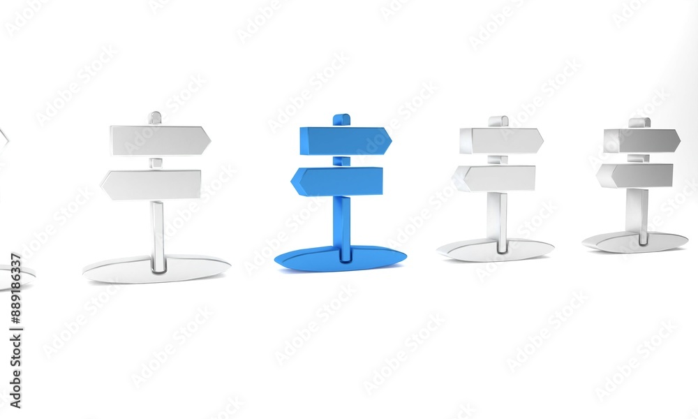 Blue Road traffic sign. Signpost icon isolated on white background. Pointer symbol. Isolated street information sign. Direction sign. Minimalism concept. 3D render illustration Blue Road traffic sign. Signpost icon isolated on white background. Pointer symbol. Isolated street information sign. Direction sign. Minimalism concept. 3D render illustration