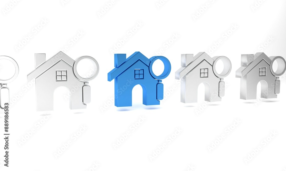 Blue Search house icon isolated on white background. Real estate symbol of a house under magnifying glass. Minimalism concept. 3D render illustration Blue Search house icon isolated on white background. Real estate symbol of a house under magnifying glass. Minimalism concept. 3D render illustration