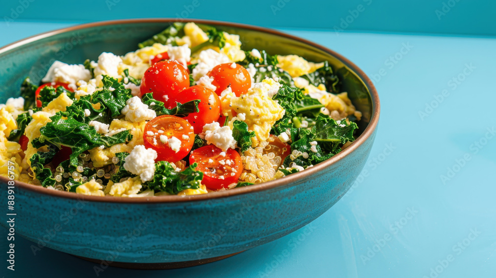 Fresh quinoa salad with scrambled eggs, kale, cherry tomatoes, and feta cheese in a blue ceramic bowl Fresh quinoa salad with scrambled eggs, kale, cherry tomatoes, and feta cheese in a blue ceramic bowl