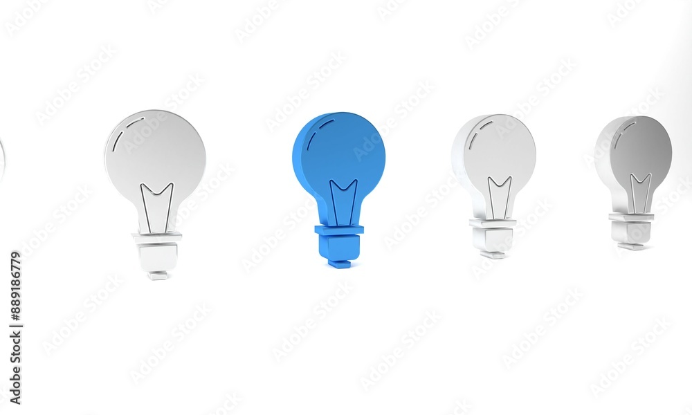 Blue Light bulb with concept of idea icon isolated on white background. Energy and idea symbol. Inspiration concept. Minimalism concept. 3D render illustration Blue Light bulb with concept of idea icon isolated on white background. Energy and idea symbol. Inspiration concept. Minimalism concept. 3D render illustration
