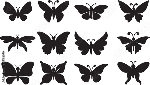 Flying butterflies silhouette black set isolated on transparent background, Set of flying butterfly silhouette, isolated vector object.
