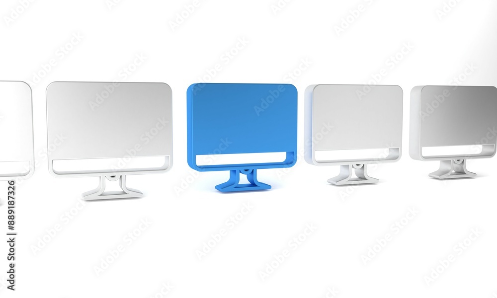 Blue Computer monitor screen icon isolated on white background. Electronic device. Front view. Minimalism concept. 3D render illustration Blue Computer monitor screen icon isolated on white background. Electronic device. Front view. Minimalism concept. 3D render illustration