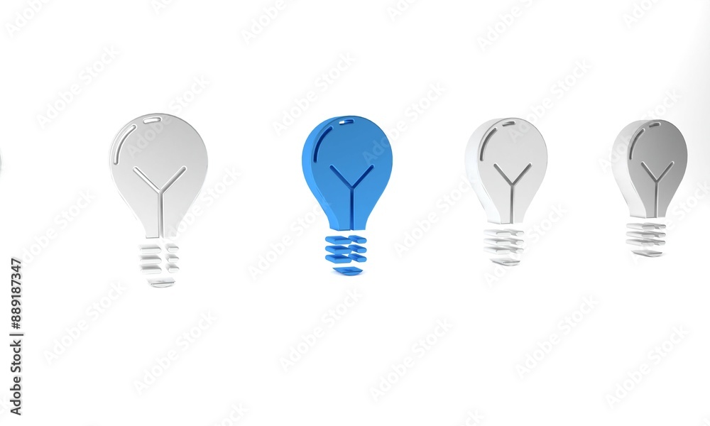 Blue Light bulb with concept of idea icon isolated on white background. Energy and idea symbol. Inspiration concept. Minimalism concept. 3D render illustration Blue Light bulb with concept of idea icon isolated on white background. Energy and idea symbol. Inspiration concept. Minimalism concept. 3D render illustration
