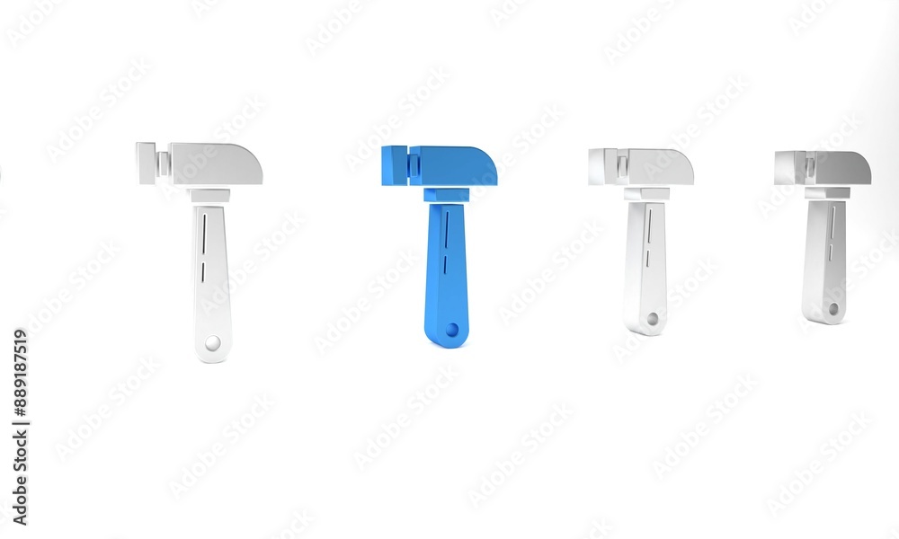 Blue Hammer icon isolated on white background. Tool for repair. Minimalism concept. 3D render illustration Blue Hammer icon isolated on white background. Tool for repair. Minimalism concept. 3D render illustration