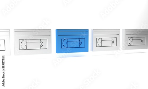 Blue VHS video cassette tape icon isolated on white background. Minimalism concept. 3D render illustration