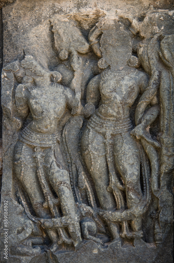 Intricately carved stone sculpture, 11th - 12th Century, Kalyana Chalukya style of Hindu architecture, Kasivisvesvara Temple, Lakkundi, Gadag, Karnataka, India, Asia. Intricately carved stone sculpture, 11th - 12th Century, Kalyana Chalukya style of Hindu architecture, Kasivisvesvara Temple, Lakkundi, Gadag, Karnataka, India, Asia.