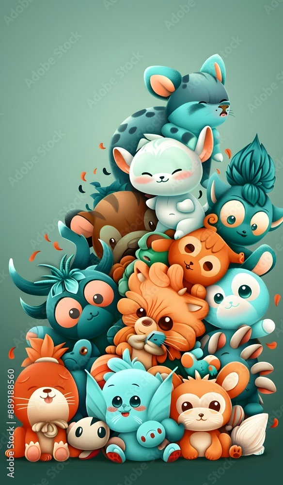 Adorable Plush Toys on a Turquoise Background for Products and Wallpapers Adorable Plush Toys on a Turquoise Background for Products and Wallpapers