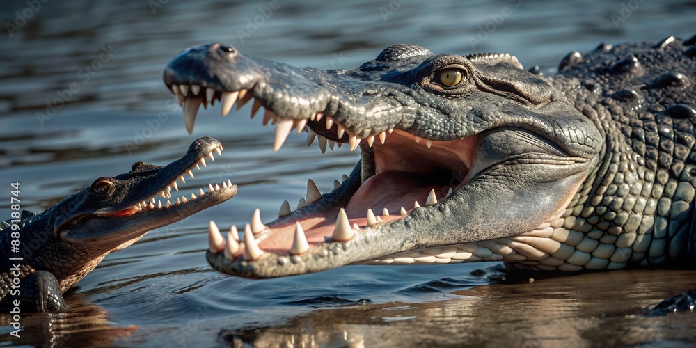 Obraz premium Adult crocodile bares teeth in warning next to a smaller crocodile
