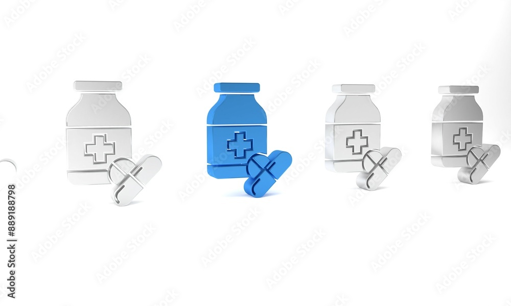 Blue Medicine bottle and pills icon isolated on white background. Bottle pill sign. Pharmacy design. Minimalism concept. 3D render illustration Blue Medicine bottle and pills icon isolated on white background. Bottle pill sign. Pharmacy design. Minimalism concept. 3D render illustration