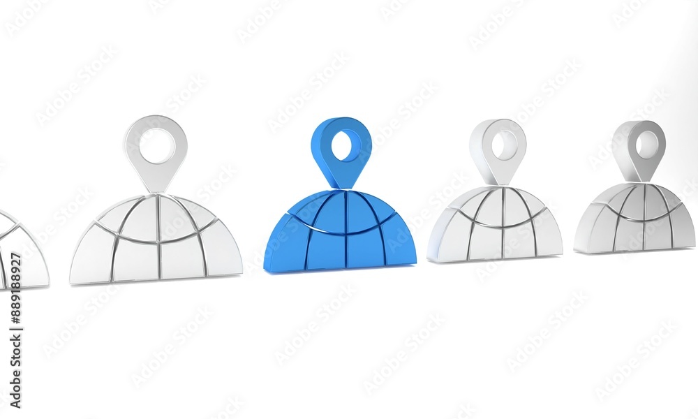 Blue Location on the globe icon isolated on white background. World or Earth sign. Minimalism concept. 3D render illustration Blue Location on the globe icon isolated on white background. World or Earth sign. Minimalism concept. 3D render illustration