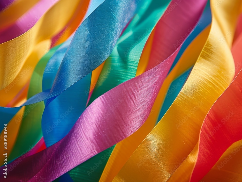 Colorful ribbons in various vibrant shades, arranged in a wavy background. This image can be used for festive event promotions, decorations, or design inspirations. Colorful ribbons in various vibrant shades, arranged in a wavy background. This image can be used for festive event promotions, decorations, or design inspirations.