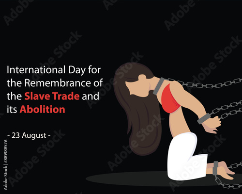 illustration vector graphic of a woman's hands, feet and head are in iron chain handcuffs, perfect for international day, remembrance of the slave trade, abolition, celebrate, greeting card, etc.