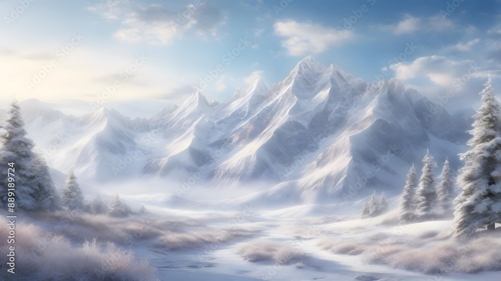Obraz premium Snow-Covered Majesty: Tranquil View from a Mountain Top, beautiful wallpaper, background