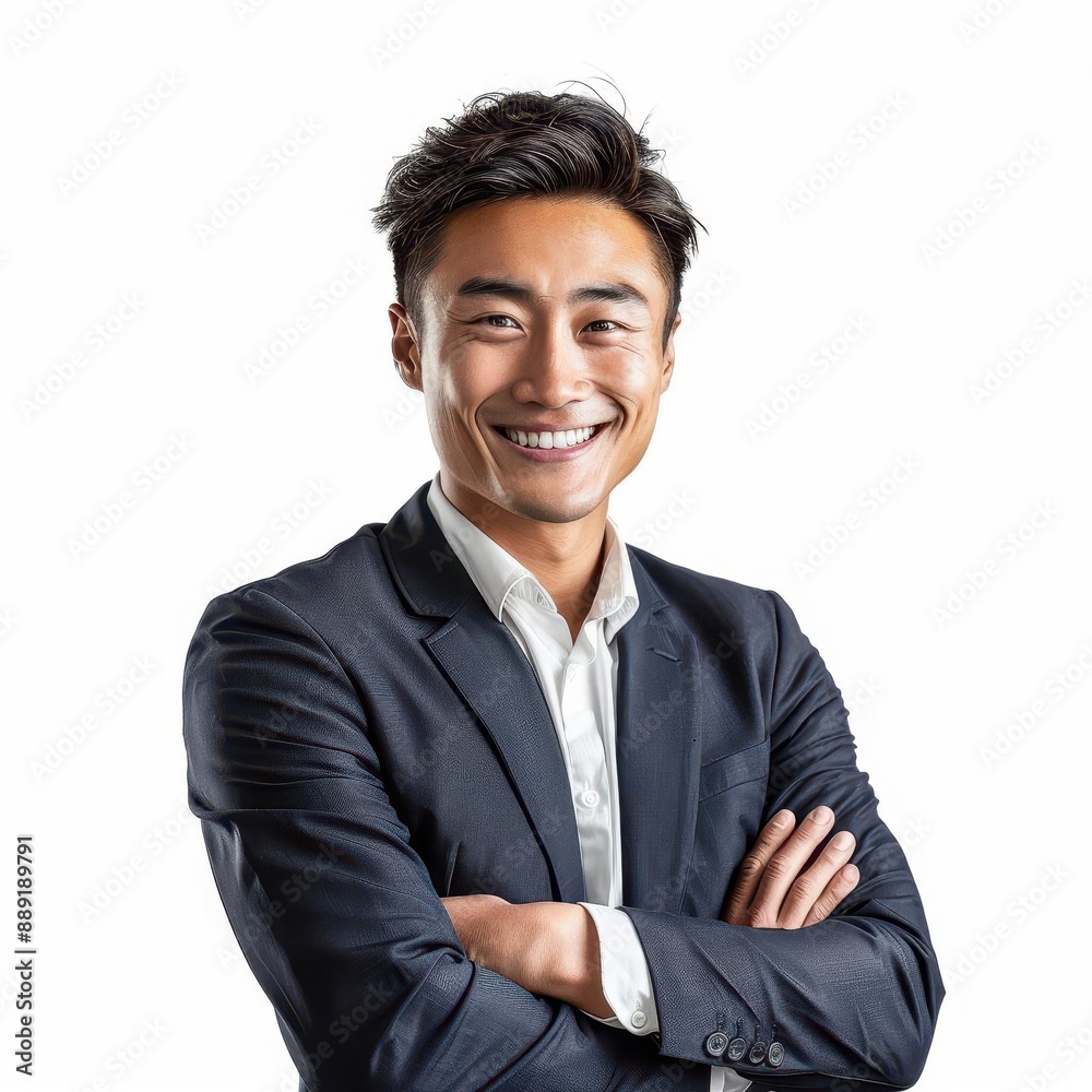 portrait of a charismatic young asian businessman with a confident smile arms crossed wearing a sleek suit against a clean white background portrait of a charismatic young asian businessman with a confident smile arms crossed wearing a sleek suit against a clean white background