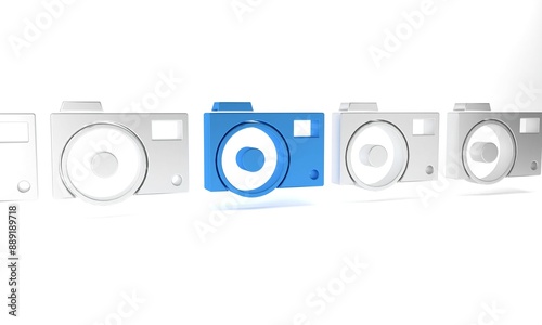 Blue Photo camera icon isolated on white background. Foto camera icon. Minimalism concept. 3D render illustration