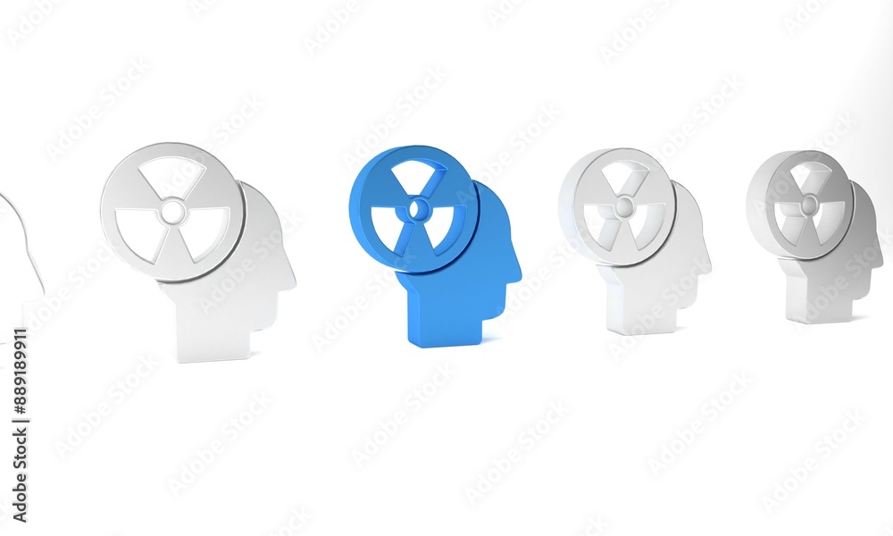 Blue Silhouette of a human head and a radiation symbol icon isolated on white background. Minimalism concept. 3D render illustration Blue Silhouette of a human head and a radiation symbol icon isolated on white background. Minimalism concept. 3D render illustration