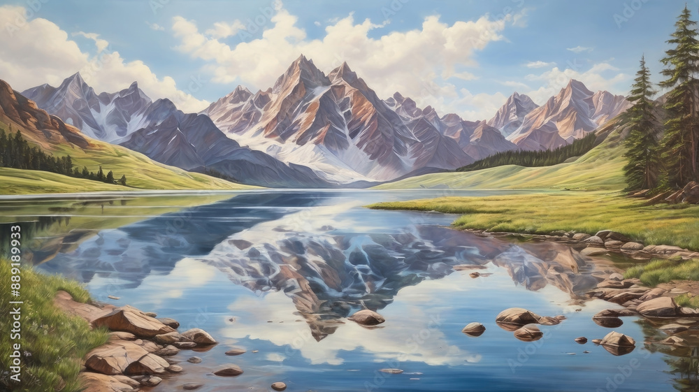 Obraz premium a serene mountain lake with reflections of the peaks. Generative AI 