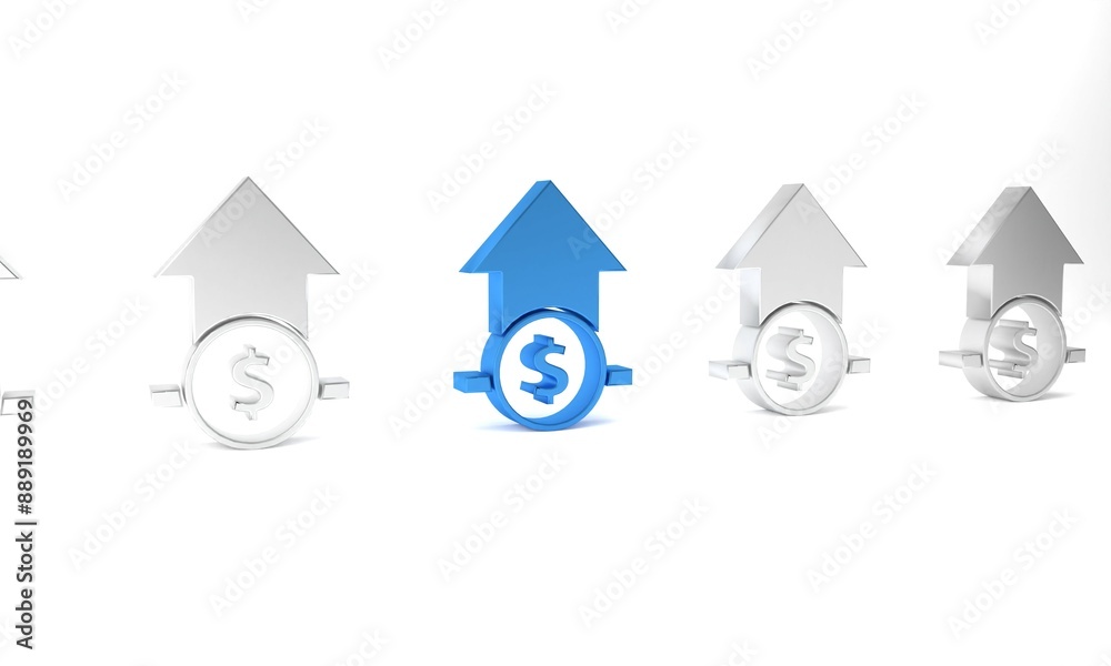 Blue Financial growth and coin icon isolated on white background. Increasing revenue. Minimalism concept. 3D render illustration Blue Financial growth and coin icon isolated on white background. Increasing revenue. Minimalism concept. 3D render illustration