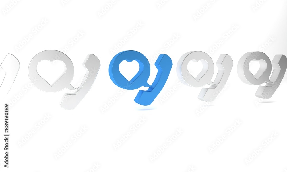 Blue Telephone with heart emoji speech bubble get message on screen icon isolated on white background. Valentines day. Minimalism concept. 3D render illustration Blue Telephone with heart emoji speech bubble get message on screen icon isolated on white background. Valentines day. Minimalism concept. 3D render illustration