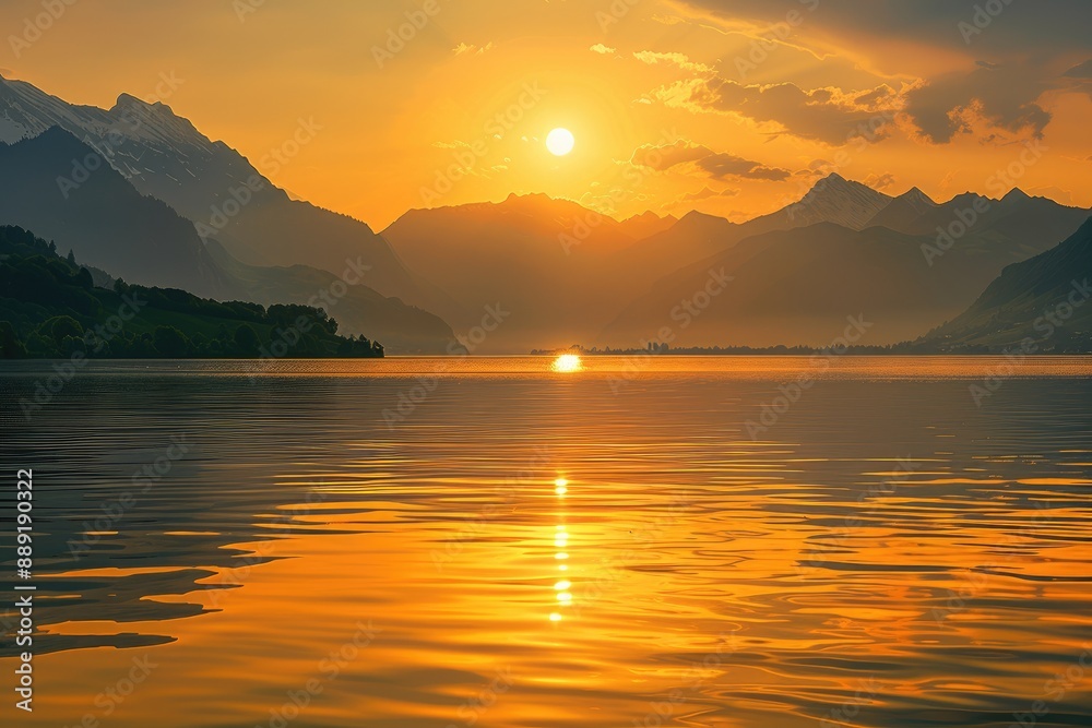 A stunning sunset over a lake and mountains. Perfect for travel, nature, and inspirational themes. A stunning sunset over a lake and mountains. Perfect for travel, nature, and inspirational themes.