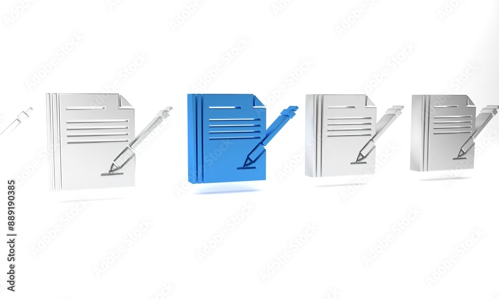 Blue Blank notebook and pen icon isolated on white background. Paper and pen. Minimalism concept. 3D render illustration Blue Blank notebook and pen icon isolated on white background. Paper and pen. Minimalism concept. 3D render illustration