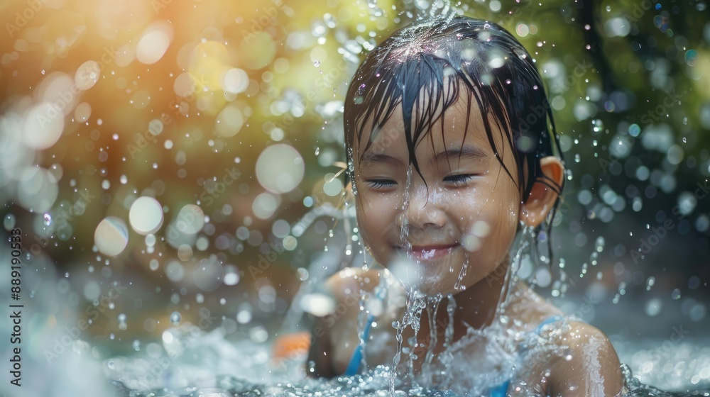 Asian child enjoying water play Asian child enjoying water play
