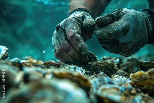 A close-up of a pearl diver's hand reaching into an oyster bed, with a shimmering pearl visible inside one of the oysters. The fine details of the diver's glove and the texture of the oyster shells photo