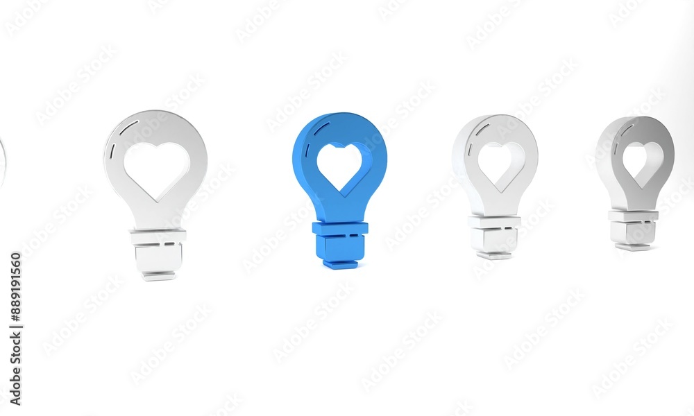 Blue Heart shape in a light bulb icon isolated on white background. Love symbol. Valentine day symbol. Minimalism concept. 3D render illustration Blue Heart shape in a light bulb icon isolated on white background. Love symbol. Valentine day symbol. Minimalism concept. 3D render illustration