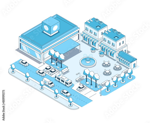 City mall and shops - vector isometric illustration. Busy street with mini markets and open cafes. Parking for cars and bus stop. Alley of trees with fountain in the center. Urban architecture idea