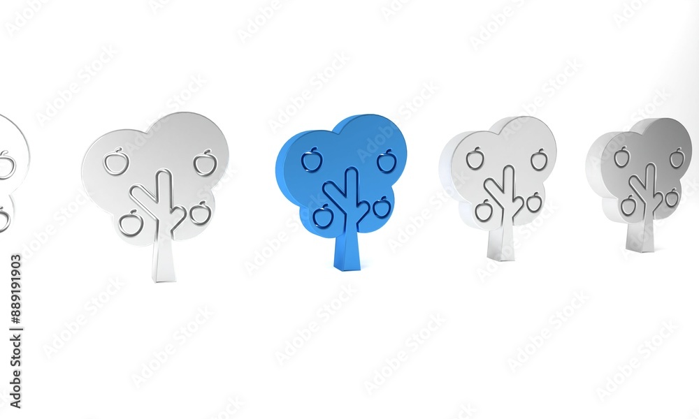 Blue Tree with apple icon isolated on white background. Agricultural plant. Organic farm product. Gardening theme. Minimalism concept. 3D render illustration Blue Tree with apple icon isolated on white background. Agricultural plant. Organic farm product. Gardening theme. Minimalism concept. 3D render illustration