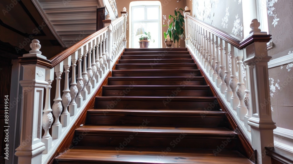 Fototapeta premium Home s indoor staircase with white balusters brown handrail and newel