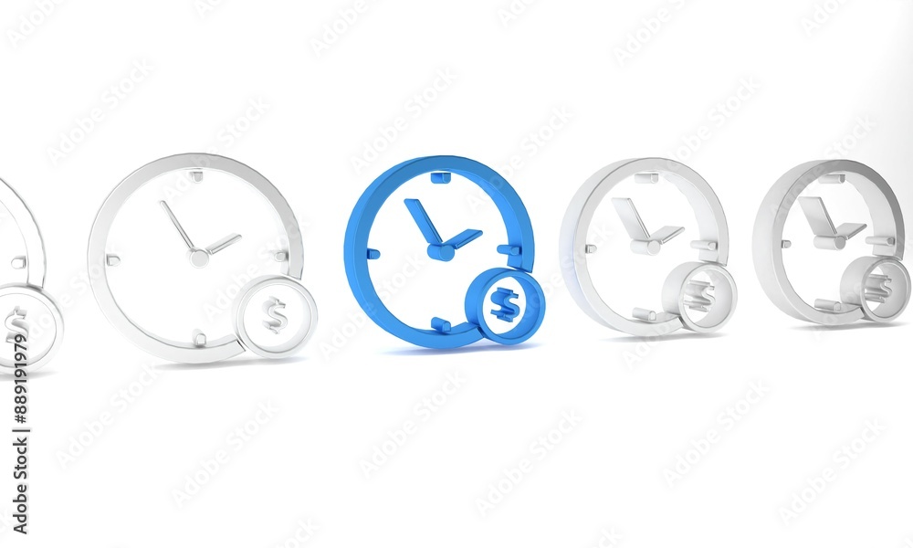 Blue Time is money icon isolated on white background. Money is time. Effective time management. Convert time to money. Minimalism concept. 3D render illustration Blue Time is money icon isolated on white background. Money is time. Effective time management. Convert time to money. Minimalism concept. 3D render illustration