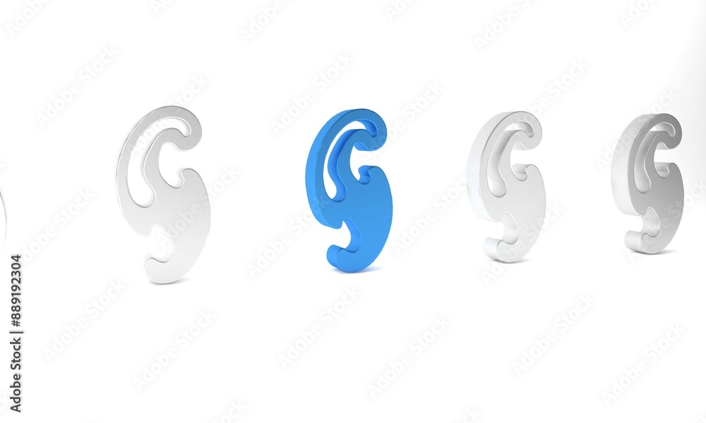 Blue French curves icon isolated on white background. Sewing equipment. Minimalism concept. 3D render illustration Blue French curves icon isolated on white background. Sewing equipment. Minimalism concept. 3D render illustration