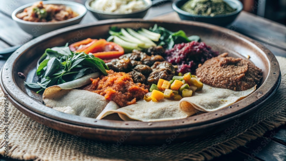 Ethiopian Injera Spongy flatbread served with various spicy stews and vegetables. Ethiopian Injera Spongy flatbread served with various spicy stews and vegetables.