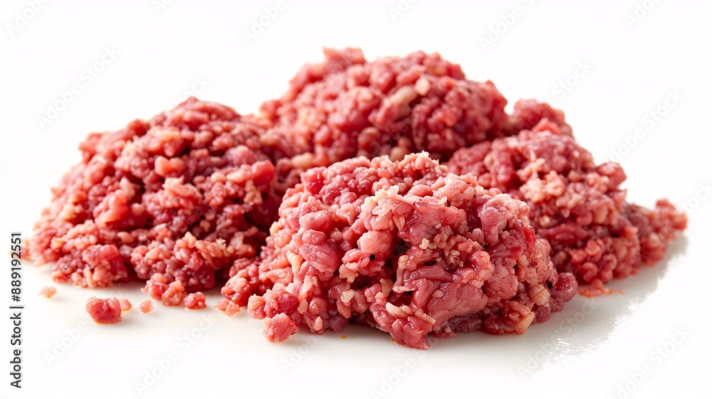 13070724 01 1. Freshly ground meat on a clean white background, rich red color with marbled fat, neatly piled with a slightly textured surface, raw and ready for cooking 13070724 01 1. Freshly ground meat on a clean white background, rich red color with marbled fat, neatly piled with a slightly textured surface, raw and ready for cooking