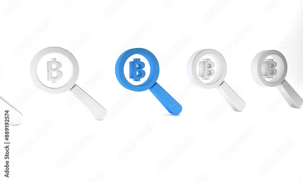 Blue Magnifying glass with Bitcoin icon isolated on white background. Physical bit coin. Blockchain based secure crypto currency. Minimalism concept. 3D render illustration Blue Magnifying glass with Bitcoin icon isolated on white background. Physical bit coin. Blockchain based secure crypto currency. Minimalism concept. 3D render illustration