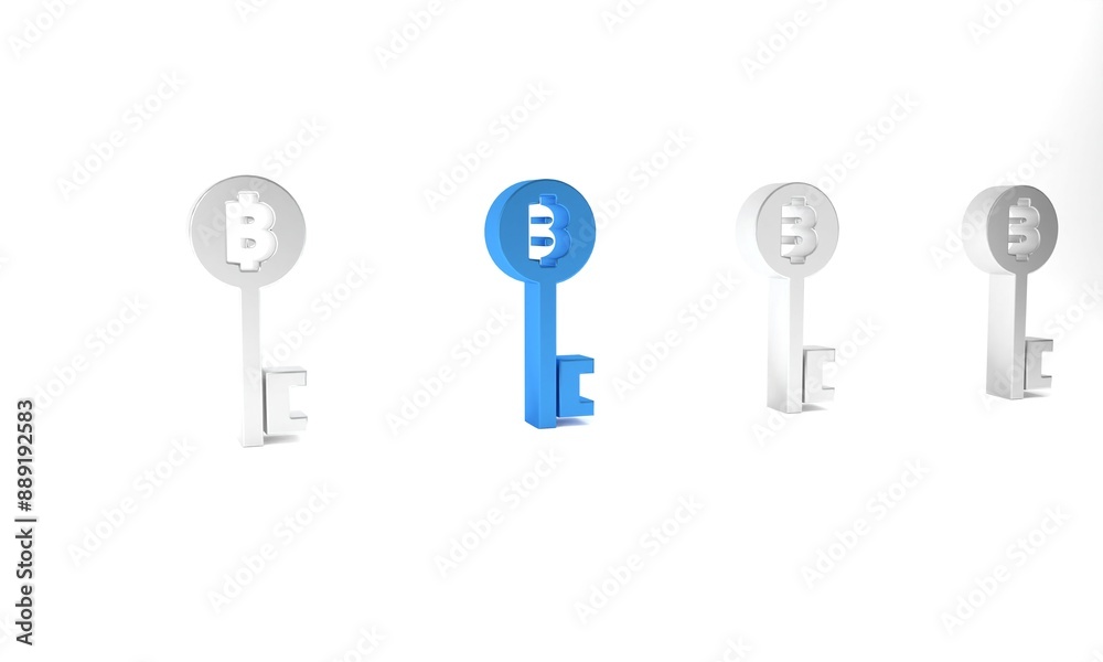 Blue Cryptocurrency Bitcoin key icon isolated on white background. Concept of cyber security or digital key with technology interface. Minimalism concept. 3D render illustration