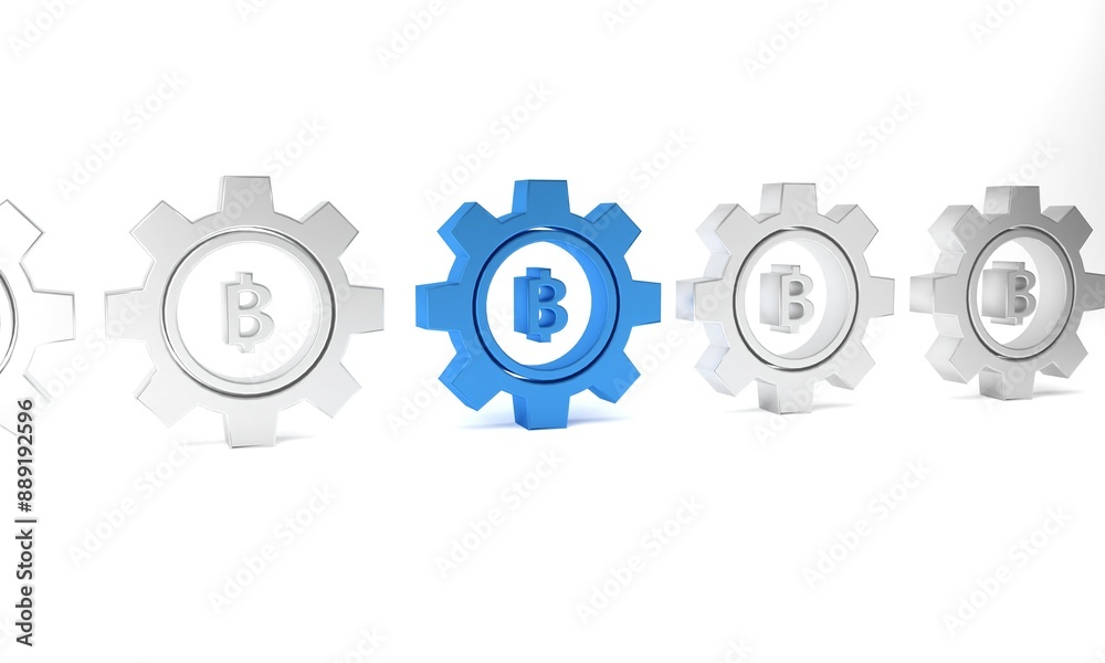 Blue Cryptocurrency coin Bitcoin icon isolated on white background. Gear and Bitcoin setting. Blockchain based secure crypto currency. Minimalism concept. 3D render illustration Blue Cryptocurrency coin Bitcoin icon isolated on white background. Gear and Bitcoin setting. Blockchain based secure crypto currency. Minimalism concept. 3D render illustration