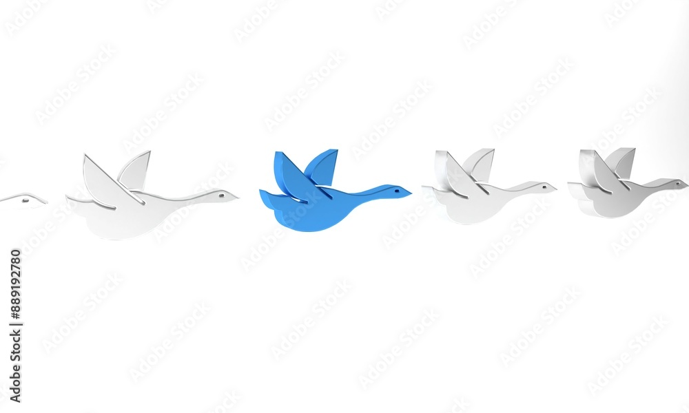 Blue Flying duck icon isolated on white background. Minimalism concept. 3D render illustration Blue Flying duck icon isolated on white background. Minimalism concept. 3D render illustration