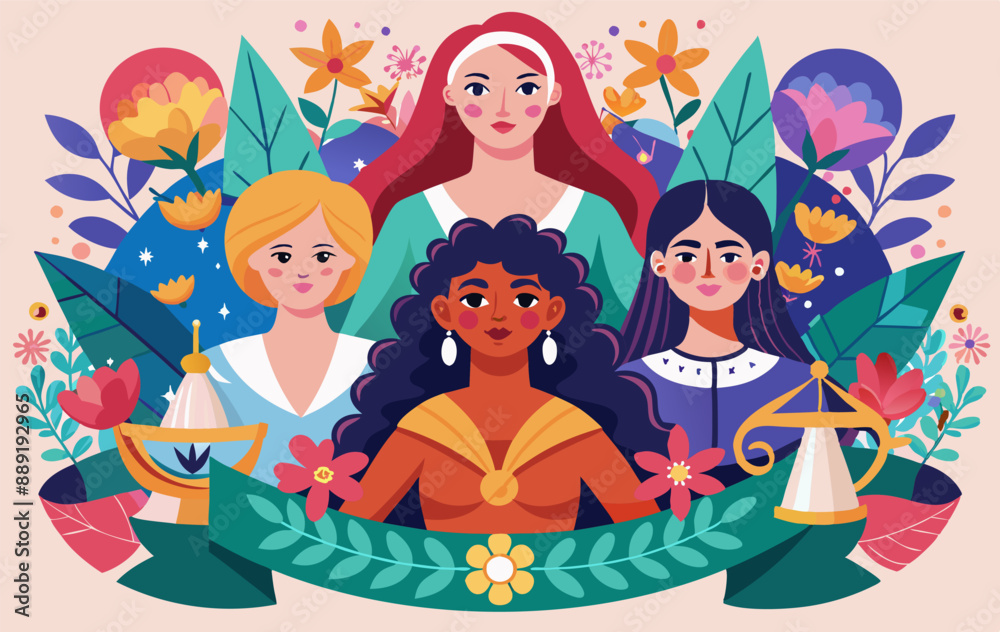A group of women standing in front of flowers and leaves A group of women standing in front of flowers and leaves