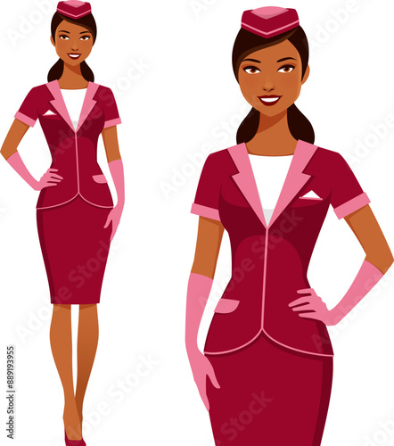 beautiful Indian air hostess wearing an elegant uniform and hat. Plane stewardess with a friendly smile.