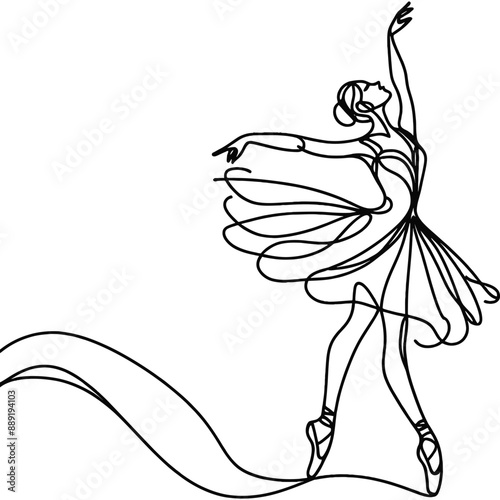 A minimalist drawing conveys the delicate beauty of a ballerina's mid-dance elegance.